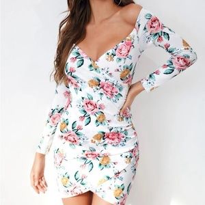 Mini Bodycon Dress, White, Floral print, sexy, party, Sz Small